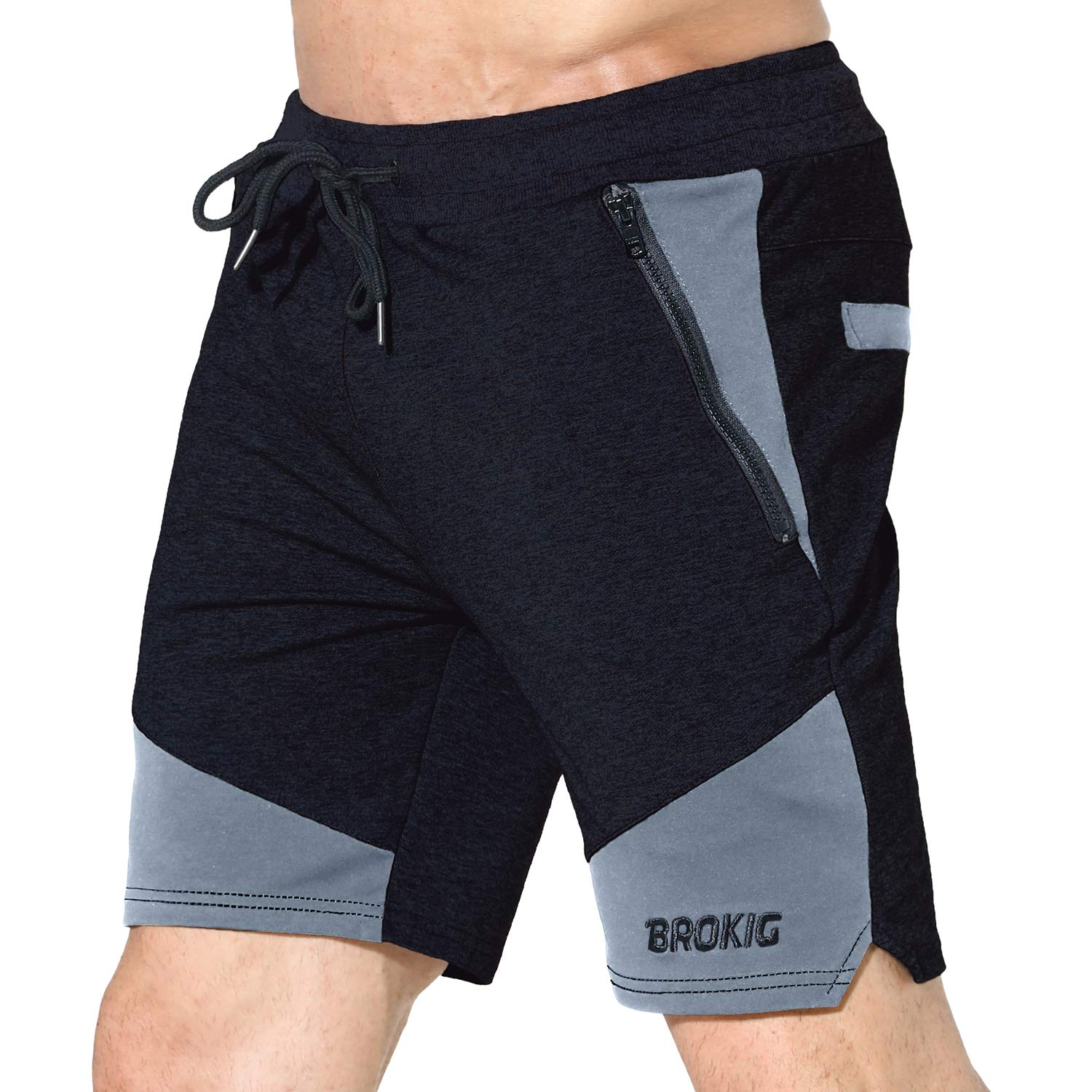 BROKIG Mens Running shorts,Gym Training Sport Shorts with Sidelock Zip pockets 